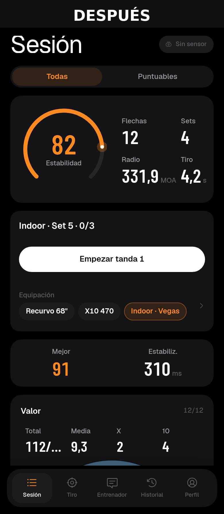 Fila compacta de equipación en la tarjeta de sesión