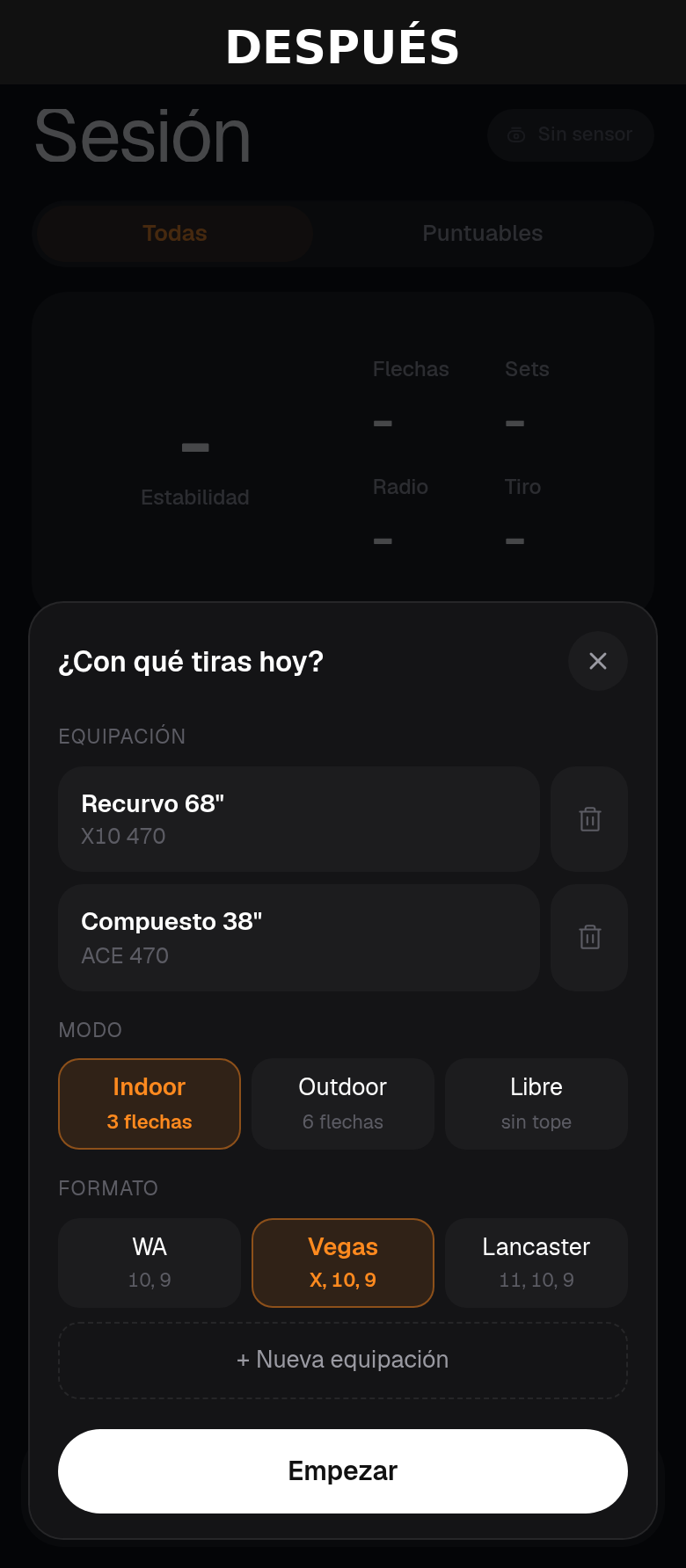 Hoja de pregunta de equipación al iniciar la sesión