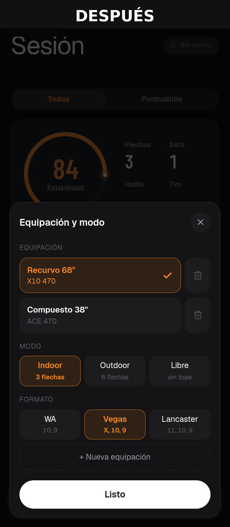 Hoja de equipación abierta a mitad de sesión