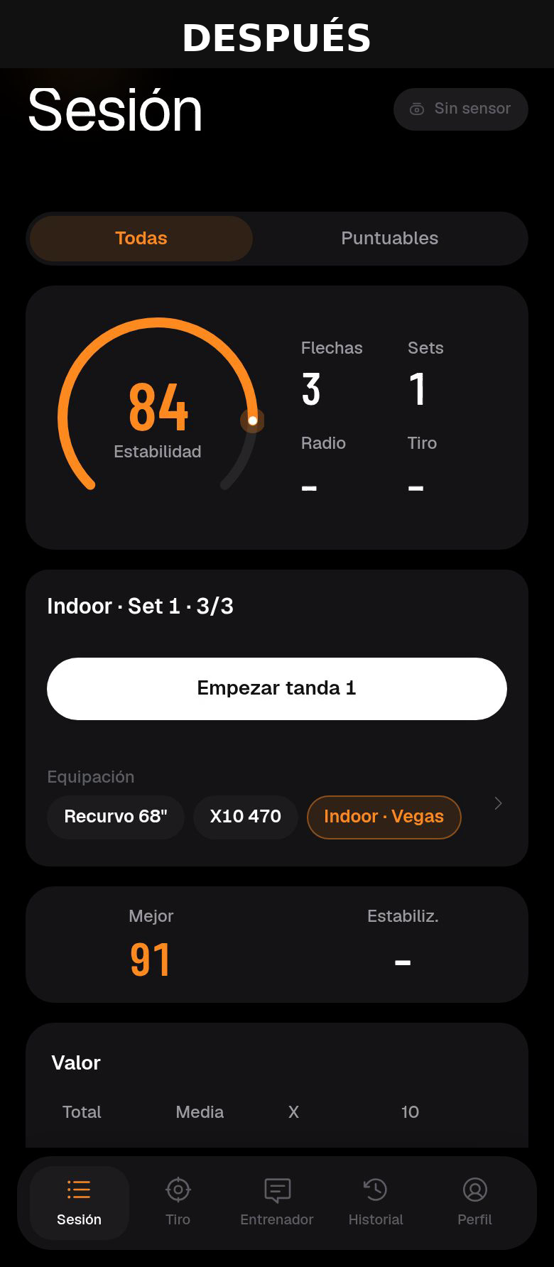 Sesión después de cambiar la equipación